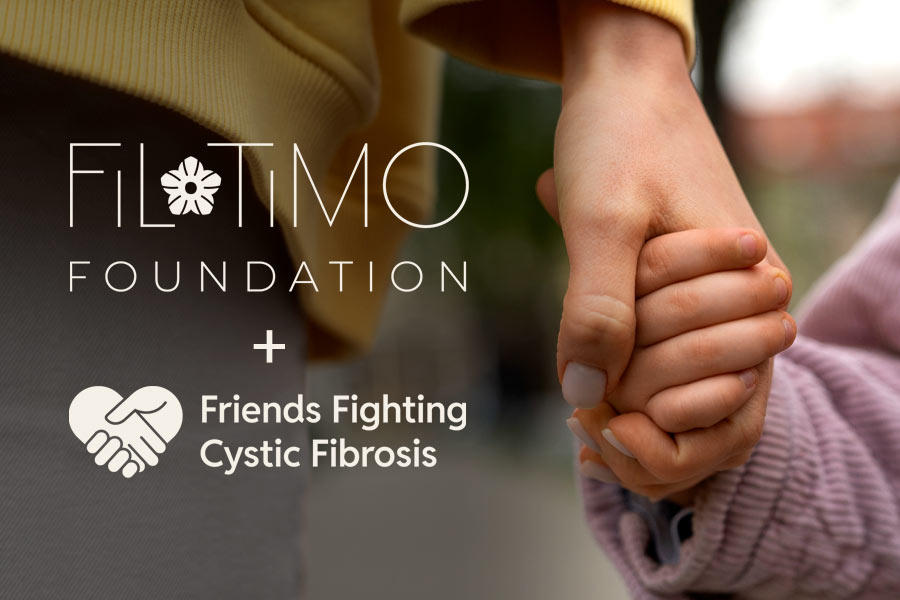 Photo of a little girl holding her mother's hand with overlaying Filotimo Foundation and Friends Fighting Cystic Fibrosis logos
